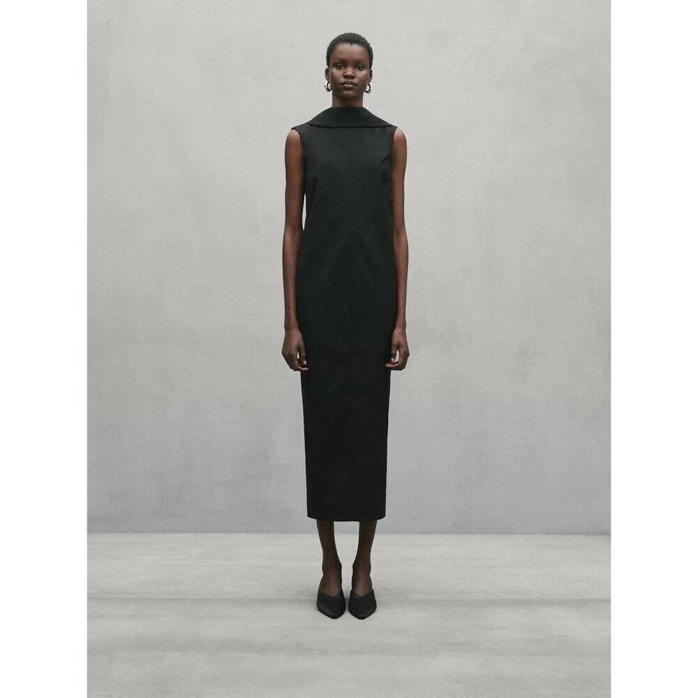 Massimo Dutti Womens Midi Dress XS Black Deep Neck Low-Cut Back 9242/952 NWT
